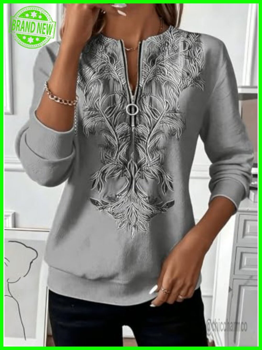 Women Half Zip V Neck Floral Print Long Sleeve Casual Sweatshirt Top